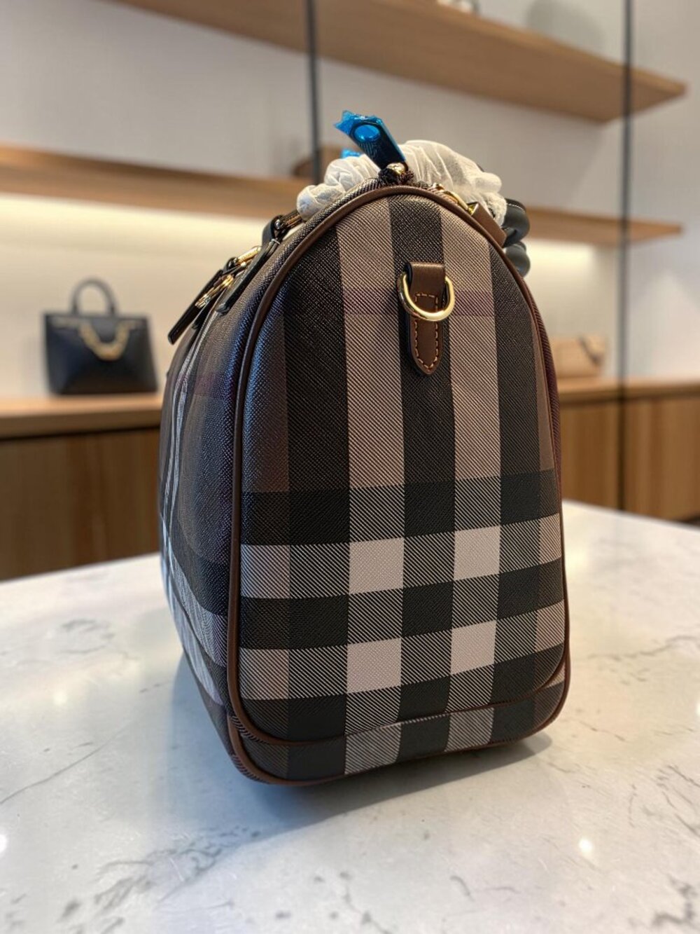 Boston-Style Satchel in Brown and Black Check NWOT - Picture 2 of 9